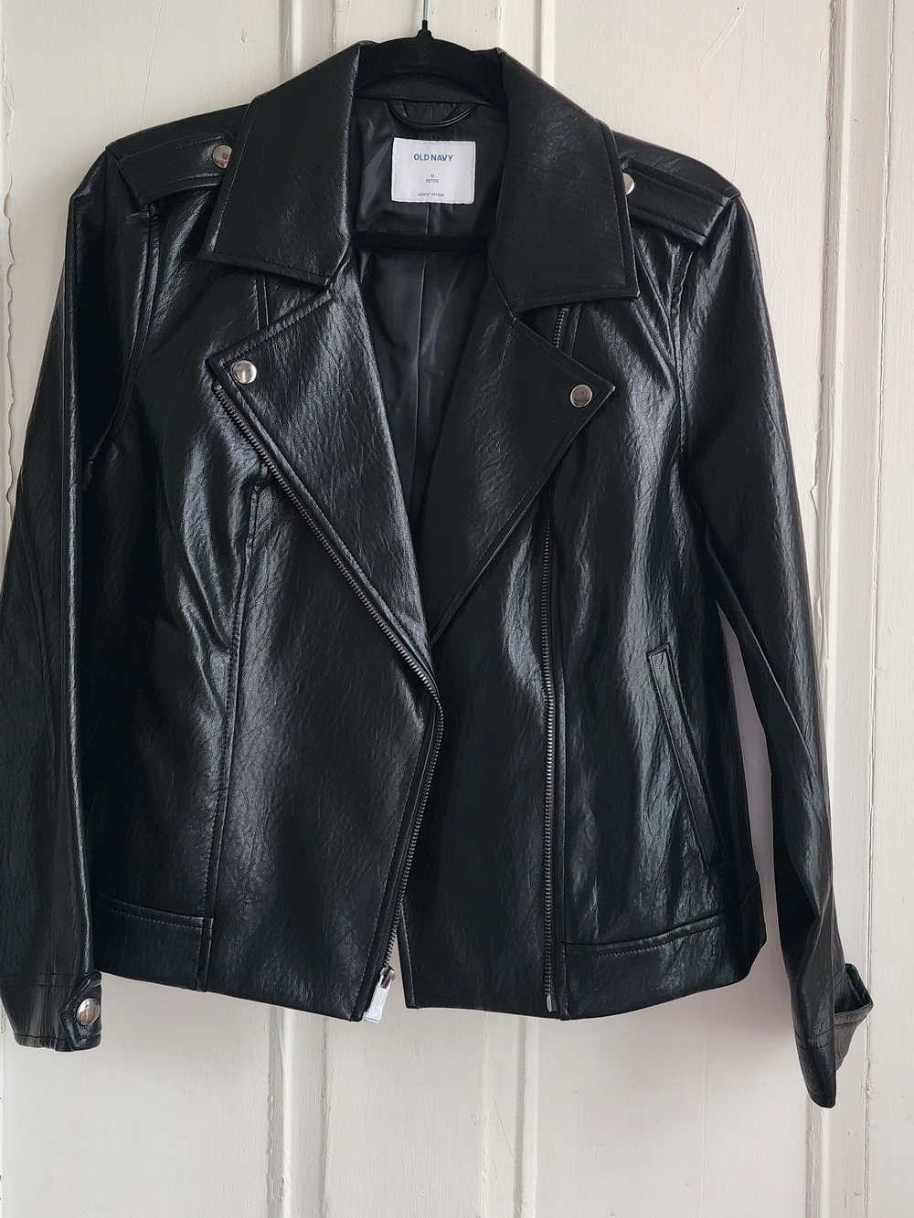 Old Navy Black Faux Leather Moto Jacket with Notch Lapel